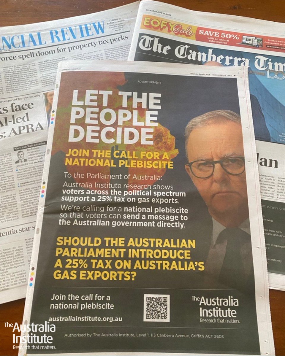 TheAusInstitute's tweet photo. Join the call for a national plebiscite to introduce a 25% gas export tax and help ensure the gas industry pays its fair share.

✍️ Sign the petition: https://t.co/nrrLSD1NUX https://t.co/p5NYWxt7bG