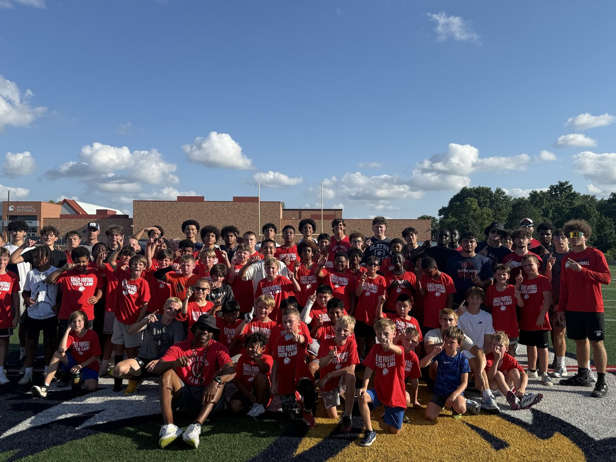ONeaglesFB's tweet photo. Great week at the Olathe North Youth Football Camp! 
Thank you to our players, coaches, and Future Eagles for bringing great energy and working hard to get better every day. The future is bright!
#FutureEagles #OlatheNorthFootball https://t.co/nbGK37Kq1U