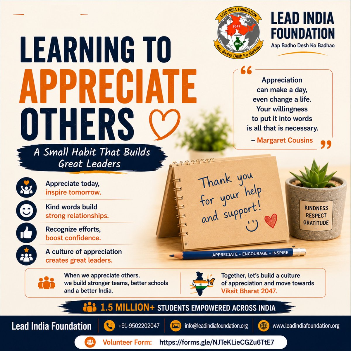 leadindia2047's tweet photo. Learning to Appreciate Others: A Small Habit That Builds Great Leaders

Volunteer Form: https://t.co/LSkYso3gTU

"Appreciation can make a day, even change a life. Your willingness to put it into words is all that is necessary."  Margaret Cousins

#Appreciation #StudentLeadership https://t.co/euQdyVk418