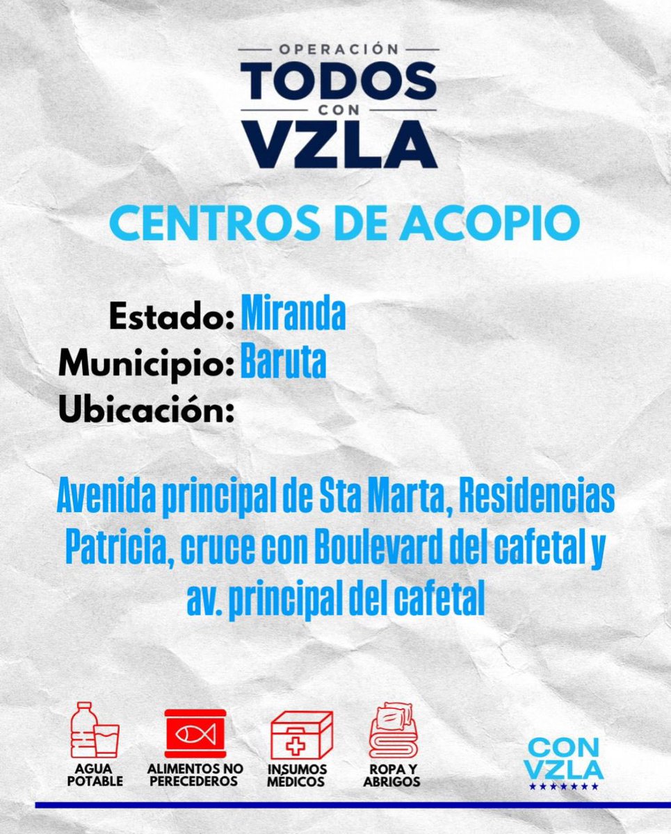 VenteMiranda's tweet photo. 📍 Centros de acopio en el estado Miranda

Si estás en Baruta, Sucre o Guaicaipuro puedes acercarte a estos puntos para donar.

👉🏻 Recuerda:
Puedes apoyar con agua, alimentos no perecederos, insumos médicos, ropa y abrigos. https://t.co/4NQqNAa1SK