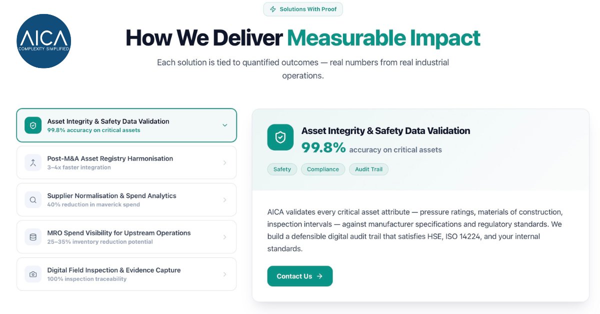 aicadata's tweet photo. In oil &amp; gas, a bad data record isn’t just an operational issue - it's a safety issue.

Whether you’re improving HSE compliance, modernising SAP or Maximo, or preparing for AI-driven operations, it all starts with trusted data. 

Learn more:  https://t.co/SPBfXho2Q1 https://t.co/RQ0qUUlkwk