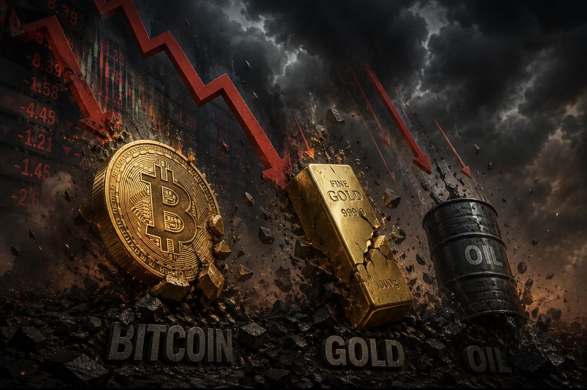 AlexWasper's tweet photo. When Bitcoin falls, gold falls, and oil falls — that is no longer just a “market correction.”

That is the moment when investors suddenly remember that stability was just a beautiful screensaver before the storm.

Markets do not collapse silently.
First, they whisper through charts.
Then they scream in red candles.