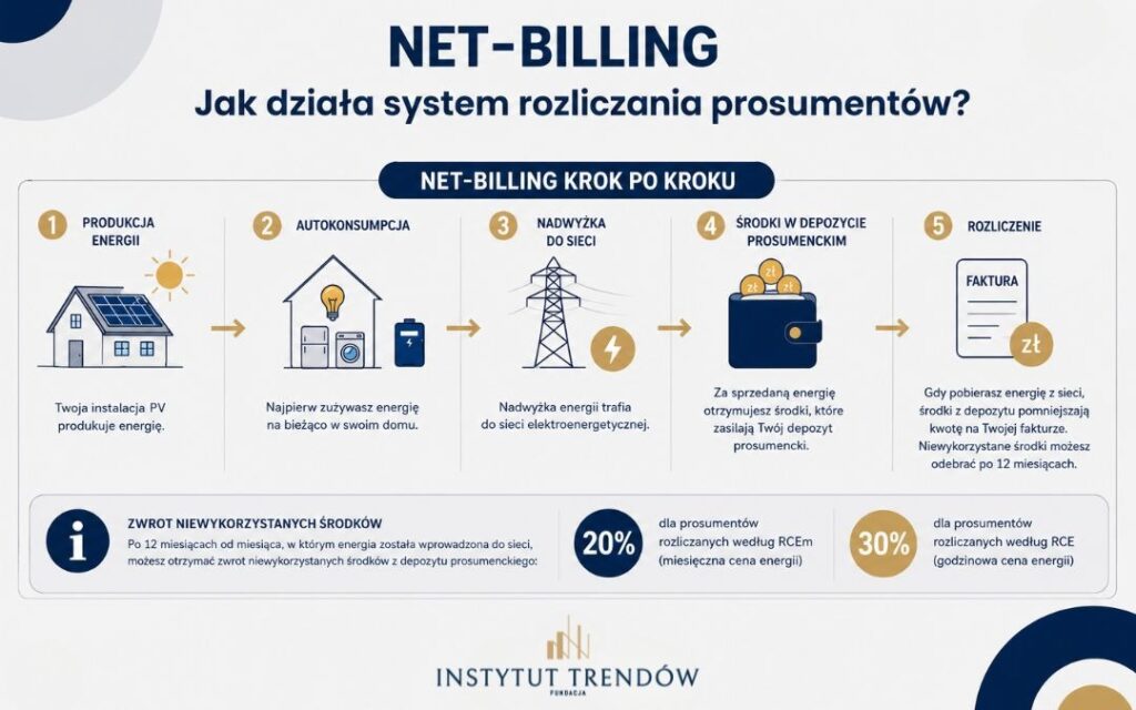 globenergia's tweet photo. Jak działa net–billing? Prosument sprzedaje nadwyżki energii z fotowoltaiki po cenie rynkowej, a prąd pobierany z sieci kupuje normalnie – z energią, dystrybucją i opłatami. Dlatego coraz ważniejsze jest nie tylko ile prądu produkuje instalacja, ale ile uda się zużyć na miejscu – od razu albo z magazynu energii.