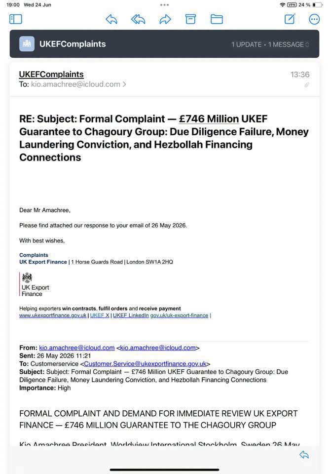 Laurestar's tweet photo. I wrote to several oversight agencies in the United Kingdom regarding President Tinubu's decision to award the refurbishment of the Lagos Ports to Gilbert Chagoury — a convicted money launderer and Sani Abacha's principal bag man, who helped steal hundreds of millions of dollars from the Nigerian people.

My central question to each of them was this: how can the British government do business with known criminals while simultaneously casting Nigerians as corrupt? Is that not the very definition of hypocrisy?

I was educated at Eton College. My father served as Queen Elizabeth's Senior Crown Counsel and a Queen's Counsel. The values I was raised to hold — the rule of law, institutional integrity, the sanctity of civilised governance — were not abstractions to me. They were lived realities, passed down through family and formation.

So when the British government extends a £760 million guarantee to a Lebanese businessman who is banned from the United States for ties to Hezbollah and for illegally interfering in American elections, I am entitled to ask: was all of that a lie? Were those values ever real — or merely decorative?

They responded today, having reviewed all the evidence I submitted and conducted their own investigation.

Tinubu may believe he can play God with Nigeria's laws and institutions. He will find that Europe operates differently. Here, he is simply another man with a documented criminal history that takes two minutes to locate online — and no amount of presidential authority changes that record.

Nigeria is not his private estate. What happened to Isabel dos Santos — who embezzled three billion dollars while her father ran Angola, and now faces the consequences — will one day happen to him and his family. History is patient. Accountability is not optional. It is merely delayed.

A Note to My Readers and Followers

Due to ongoing investigations by British intelligence authorities into matters concerning Bola Tinubu, I am not in a position to discuss the details of any active proceedings. Legal and investigative protocols require my silence on the specifics at this time.

What I can say is this: the relevant authorities have received a comprehensive body of evidence — from me personally, from Bloomberg, and from numerous other credible sources. The case has not been thrown out. It has not been ignored. It is being taken very seriously at the highest levels.

Those who have been gleefully dismissing these accountability efforts should take careful note of what happened to Isabel dos Santos — once celebrated as Africa's richest woman. British authorities, working in coordination with international partners, froze all her assets, shuttered her bank accounts, banned her from the United Kingdom, and secured an INTERPOL Red Notice authorising her arrest at any European port of entry.

That is what serious accountability looks like.

Nigerian politicians with exposure to the international financial and legal system — and their cheerleaders who have been riding high on impunity — would do well to climb down from their high horses. The wheels of justice turn methodically, not theatrically.

I will speak when the authorities permit me to speak. Until then, my silence is not weakness. It is discipline.

Kio Amachree.

Thank you, @Ivory1957