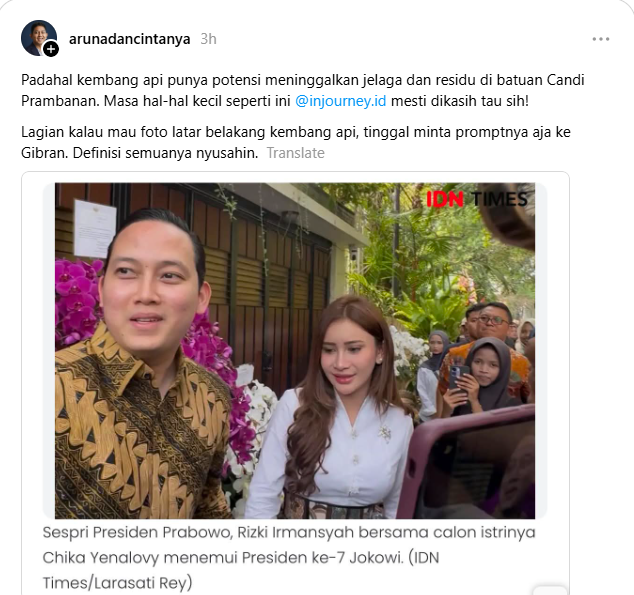 MurtadhaOne1's tweet photo. HANYA DEMI FOTO PREWED
Candi Prambanan dianggapnya macam studio pribadi aja

Salah satu personil hambalang boys, rizky, mengusik ketenangan warga prambanan dan sekitarnya. Banyak warga yang berlarian keluar ketika mendengar suara ledakan yang dikira bom atau ledakan misterius dari arah Prambanan. Tidak cuma itu, siluet cahaya merah juga terlihat ketika kembang api ini meledak yang dikira kebakaran.

Kenapa diijinkan @injourneyID ?