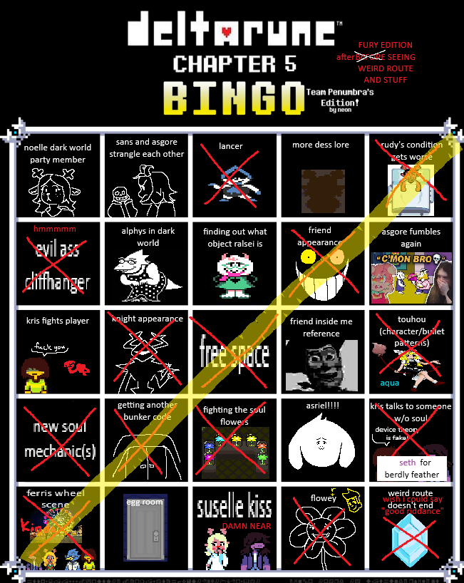 FurytheStickman's tweet photo. DELTARUNE CHAPTER 5 SPOILERS

bingo https://t.co/18EaAnAQ4T