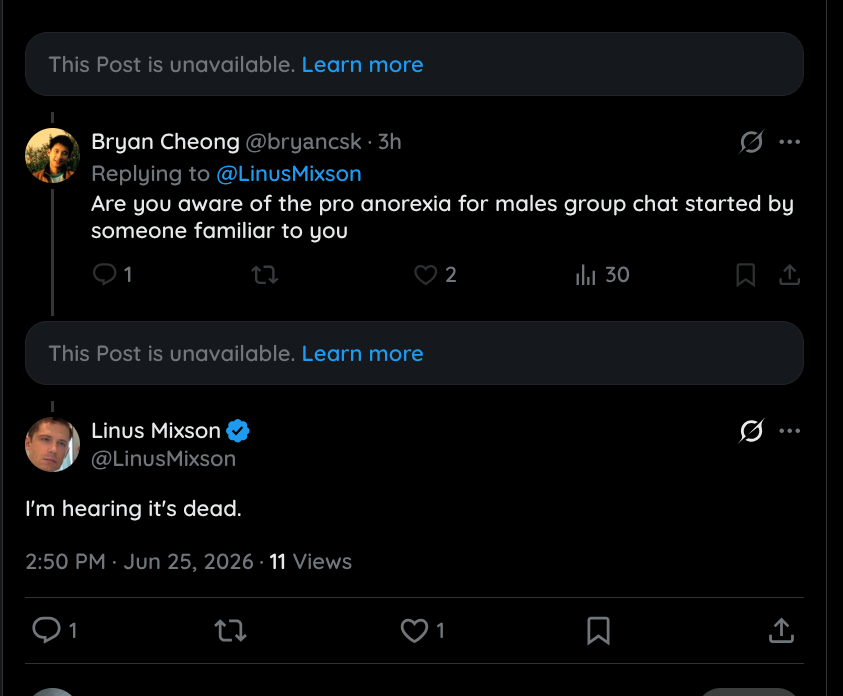 clockworkwhale's tweet photo. @LinusMixson seems to be the case yeah, I see you on my following TL as usual but your posts look like this in a thread (the two unavailable ones are yours)

your posts are only viewable with a direct link. I've seen this exact thing happen to others before but don't know how they resolved it https://t.co/3LVxKXisX9