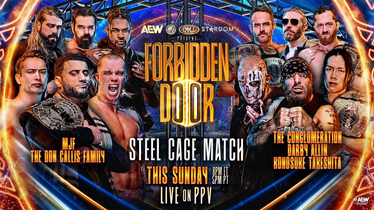 njpwglobal's tweet photo. SUNDAY night, a sensational three way tag team bout, a ZSJ and Omega dream match and the IWGP Global heavyweight Championship on the line as part of #ForbiddenDoor!

Don't miss out on pay per view!

#njpw https://t.co/7VzQBsJPL9