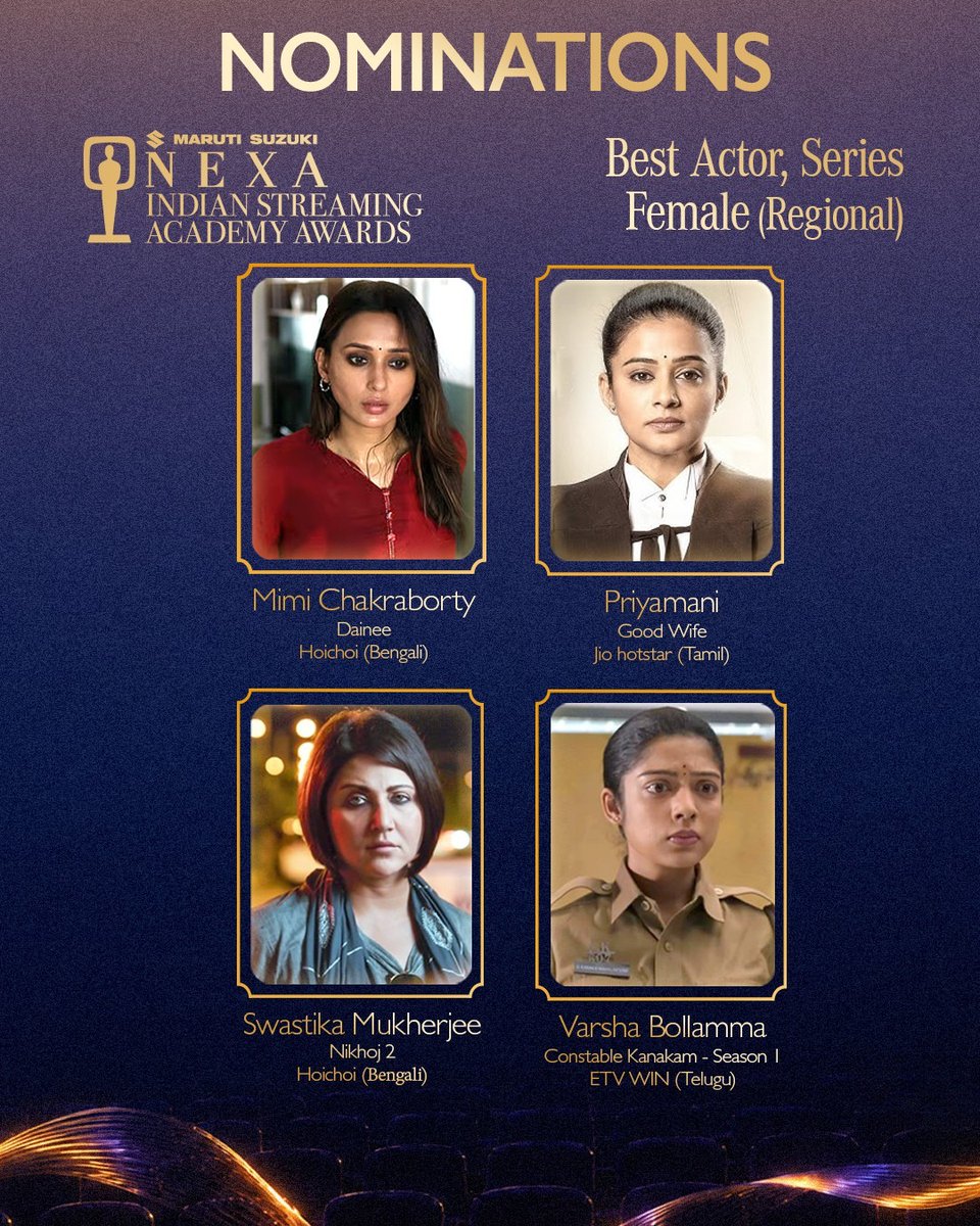 StreamingAwards's tweet photo. The most powerful performances are not just watched; they are carried with us long after the story ends.

Presenting the nominees for Best Actor, Series (Female), Regional.

ISAA 3rd Edition
July 18 · Fairmont Mumbai

#ISAA2026 #IndianStreaming #ISAA3 https://t.co/Qmqr7AHtKf