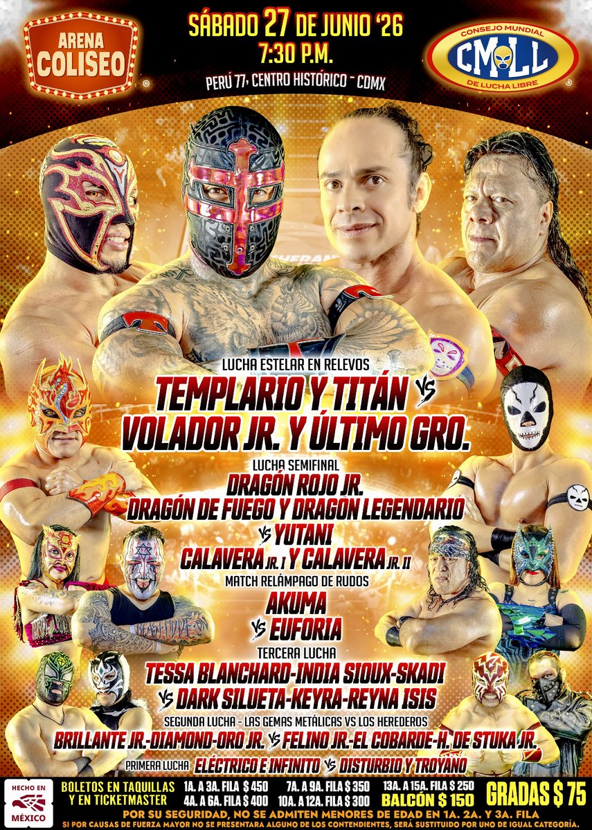 CMLL_OFICIAL's tweet photo. 🔜
📍Arena Coliseo
🗓️ Sábado 27 de Junio '26
🕢 7:30 p.m.

🎟️ en taquillas y en Ticketmaster: 
https://t.co/snXWomo2IV

📲 EN VIVO en exclusiva para miembros ‘Leyenda’ del Canal: https://t.co/5P6Lo6oSLQ

#SábadoDeColiseo https://t.co/n9L1dI7Ag3