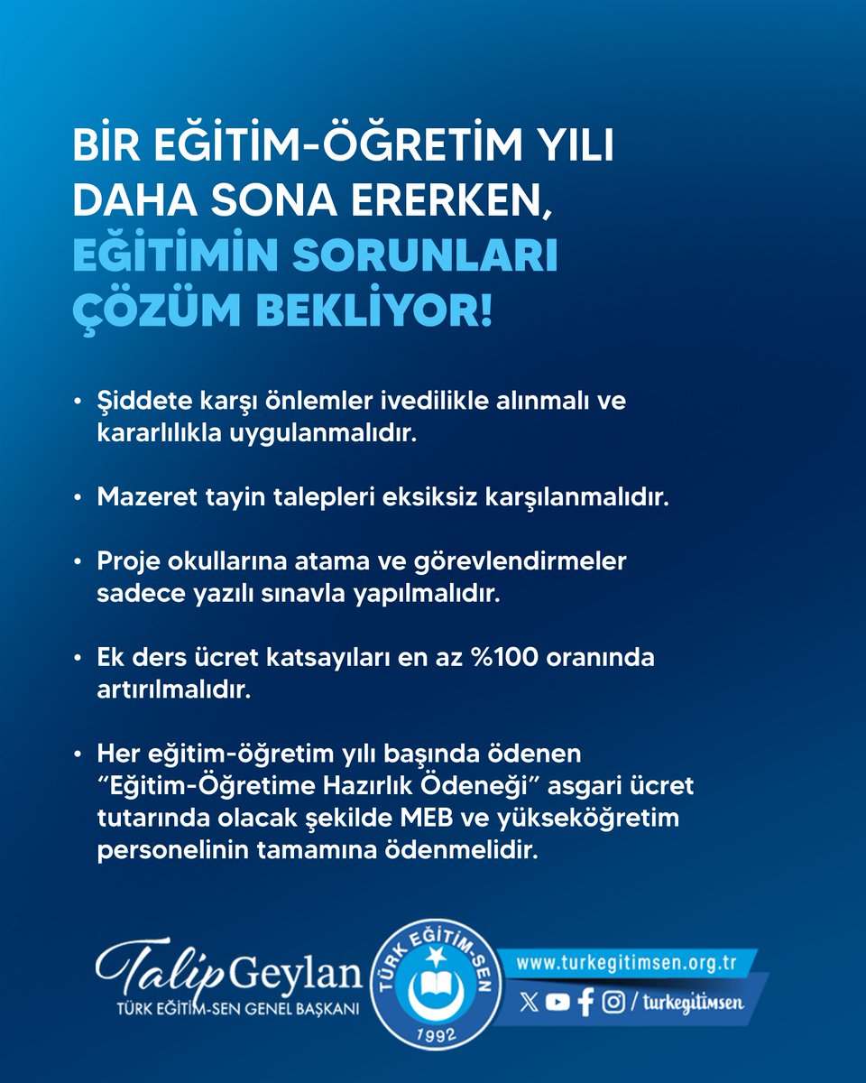 turkegitimsen's tweet photo. BİR EĞİTİM-ÖĞRETİM YILI DAHA SONA ERERKEN, EĞİTİMİN SORUNLARI ÇÖZÜM BEKLİYOR!
2025–2026 eğitim-öğretim yılı sona ererken, tüm yıl boyunca büyük bir özveri ve fedakârlıkla görev yapan öğretmenlerimizi ve eğitim çalışanlarımızı tebrik ediyoruz. Eğitimin taşıyıcı kolonu olan eğitim çalışanlarımız, her durum ve koşulda, tüm zorluklara rağmen görevlerini hakkaniyetle ve adanmışlıkla yerine getirerek geleceğimizin teminatı olan öğrencilerimizin en sağlıklı şekilde yetişmesine büyük katkı sundu. Öğrencilerimiz de bir yıl boyunca emek vermiş, gayret göstermiş ve önemli bir öğrenme sürecini başarıyla tamamlamıştır. Bu vesileyle tüm öğrencilerimizi de çaba ve azimlerinden dolayı tebrik ediyor; hem öğretmenlerimize ve tüm eğitim çalışanlarımıza hem de öğrencilerimize iyi tatiller diliyoruz.
https://t.co/olwpmclywp