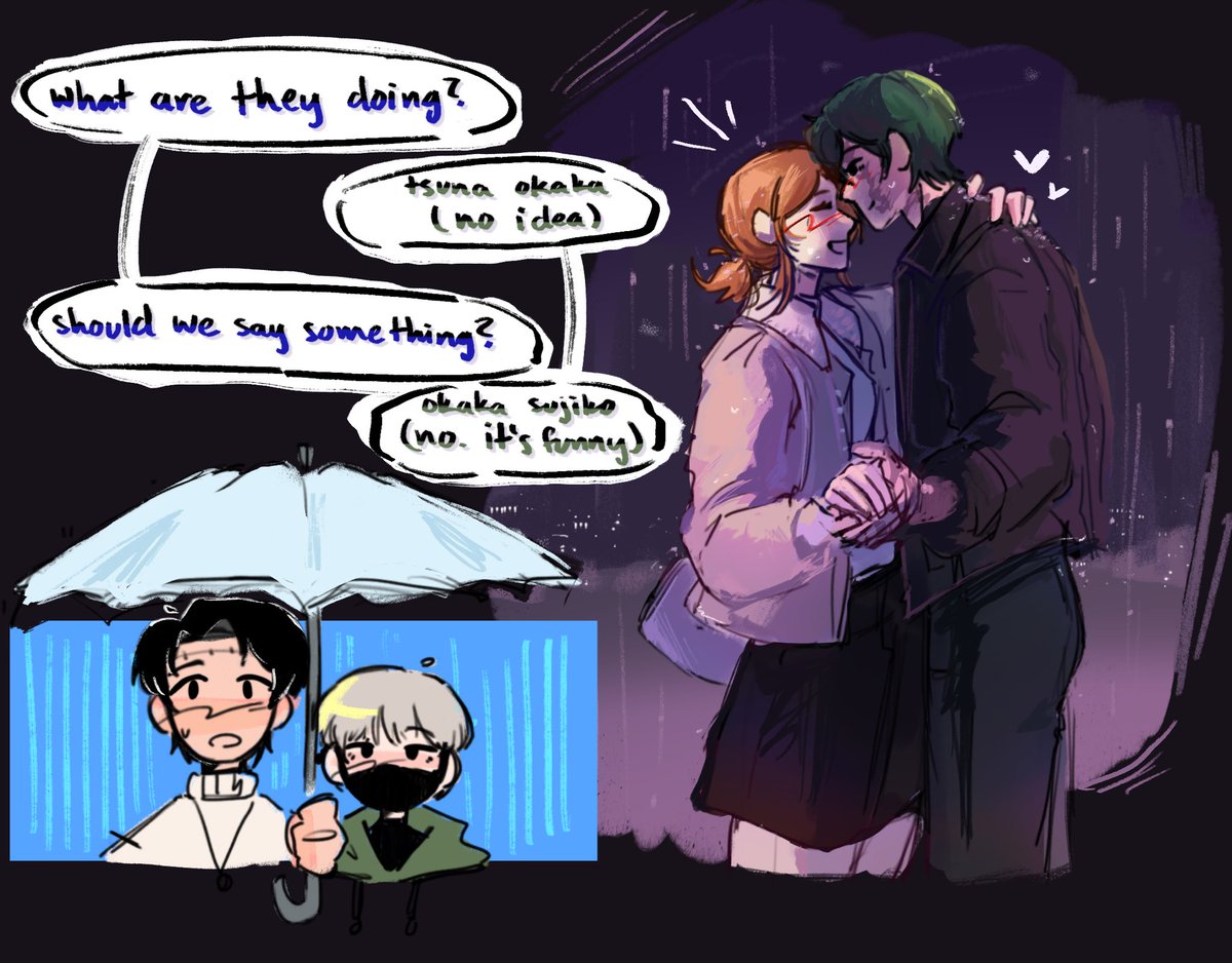 sushisakee's tweet photo. nbmk suddenly dancing in the rain,, 

day 5: double date 

@Nobamaki_week #nbmkweek26 #nobamakiweek26 #ottg26sfw https://t.co/YiJedJsX7k