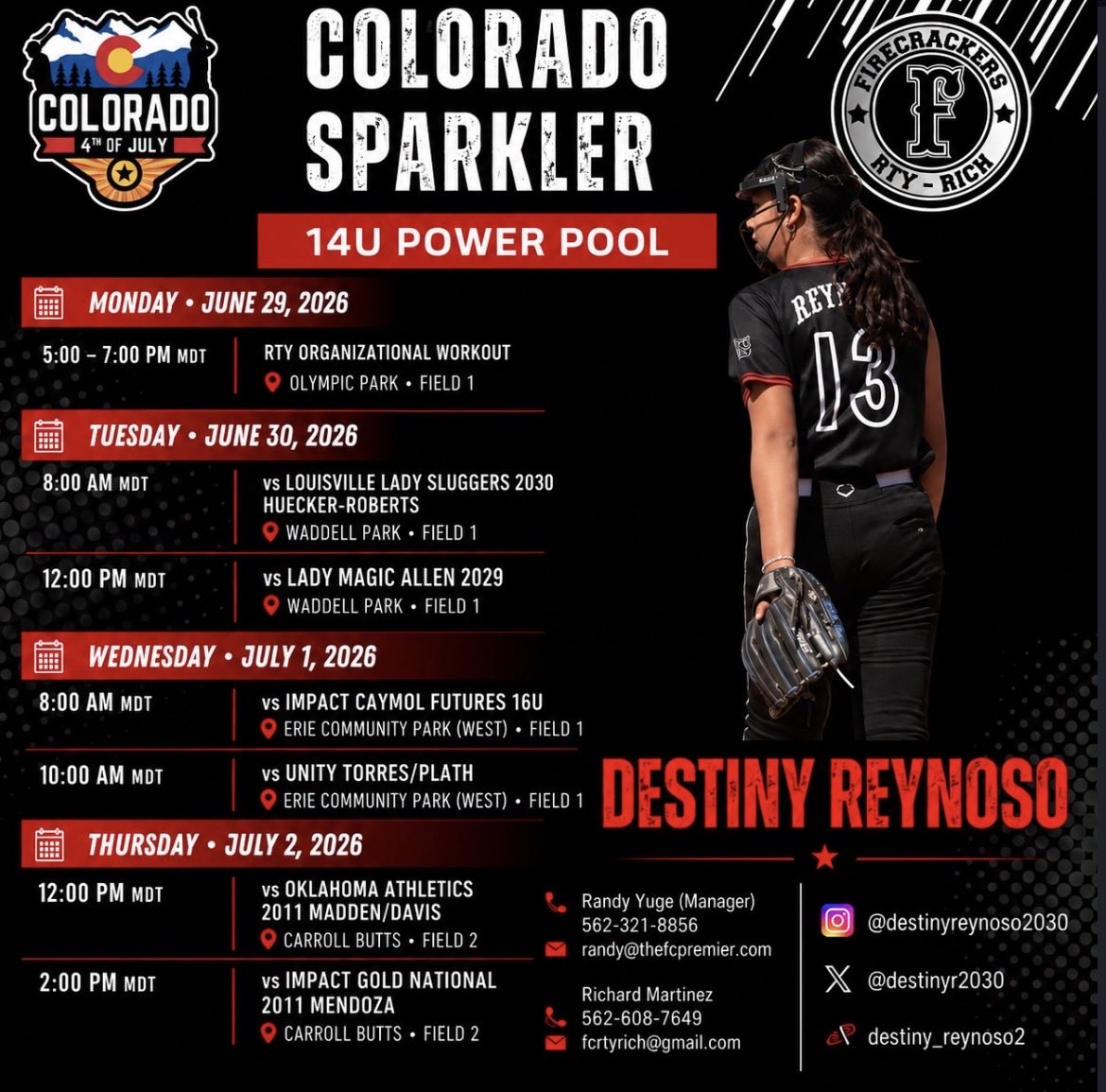 DestinyR2030's tweet photo. Come check me out next week in Colorado. 

@UCLASoftball @LSUsoftball @AggieSoftball @OregonSB @UWSoftball @FSU_Softball @StanfordSball @ExtraInningSB @d1fastpitch1 @D1Softball #ClassOf2030
#SoftballRecruiting
#ColoradoSparkler
#Firecrackers
#RTYBlack
#14PowerPool https://t.co/ukqezOyVTe