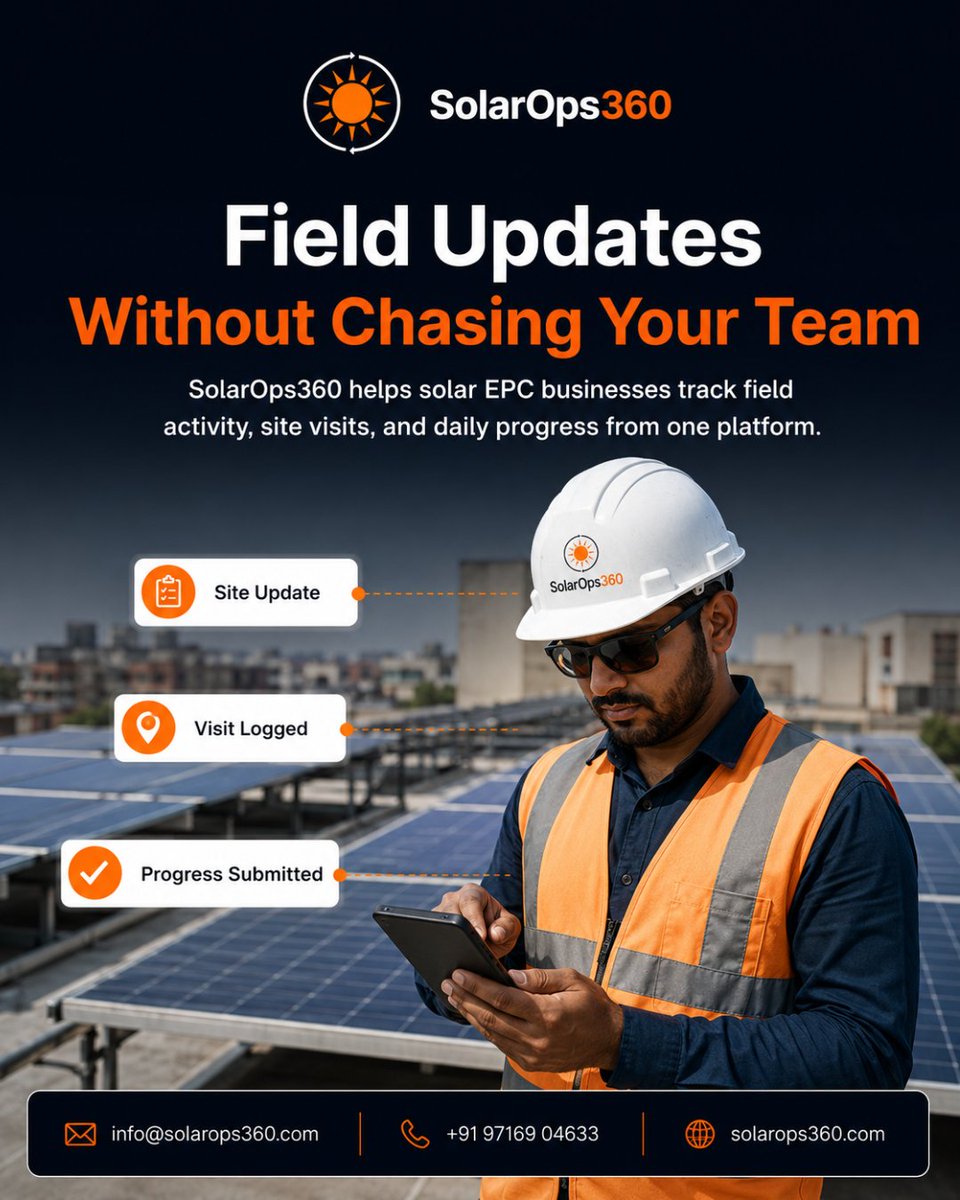 SolarOps360's tweet photo. Field updates should not need endless calls. Track site visits, team activity, and daily progress faster with SolarOps360.
📩 info@solarops360.com 📞 +91 97169 04633 🌐 https://t.co/zfwmCaKHQv
#SolarOps360 #SolarEPC #SolarBusiness #SolarProjects #FieldTeamTracking https://t.co/unb8j6hqmx