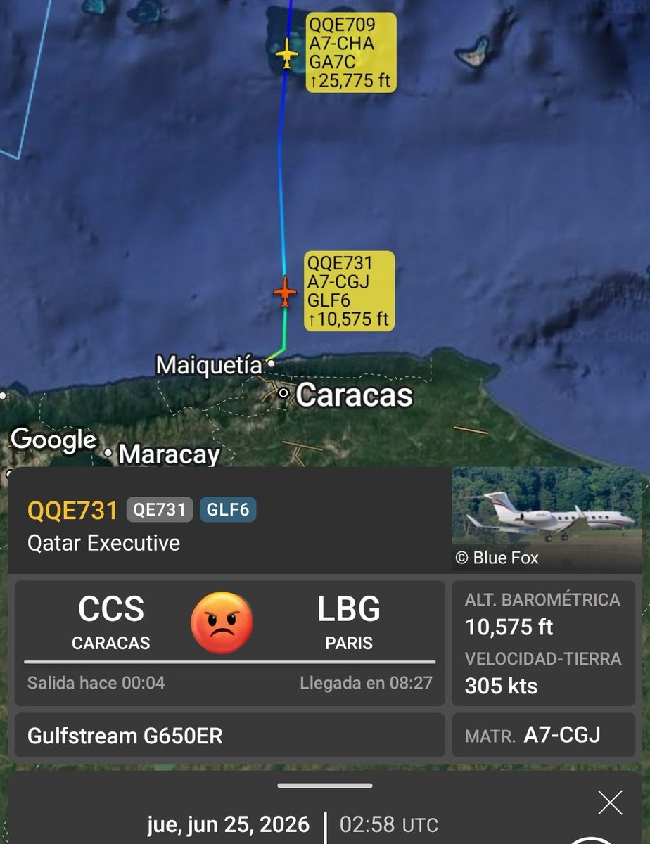 Arr3ch0's tweet photo. La tragedia en La Guaira con los 2 terremotos en Venezuela y ni siquiera el aeropuerto de Maiquetía estando cerrado pudo detener los vuelos programados de éstos 2 jets de Qatar Executive rumbo a Paris y Atenas. Salieron de Maiquetía cerca de las 11pm, 5 horas después del 1er terremoto.