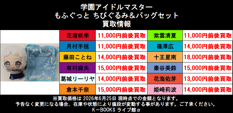 買取情報】 学園アイドルマスター もふぐっと ちびぐるみ＆バッグ