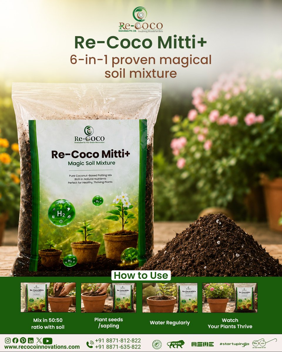 RecocoI36218's tweet photo. Mix it. Plant it. Water it. Watch it grow. 🌱
Re-Coco Mitti+ a 6-in-1 magic soil mixture made from pure coconut coir for thriving, healthy plants. 🌿🥥

Get yours → https://t.co/Lc00r7ZqWb
#ReCocoMittiPlus #MagicSoilMix #GrowNaturally https://t.co/YeKK9JjotE