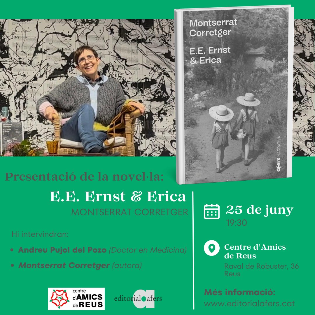 VicentOlmos2's tweet photo. Avui, al @CentreAmicsReus, Montserrat Corretger (@Montser69785312), acompanyada d'Andreu Pujol del Pozo (@del60429), presentarà la seua novel·la «E.E. Ernst &amp; Erica», publicada per l'@editorialafers https://t.co/RgWCLC0d5H