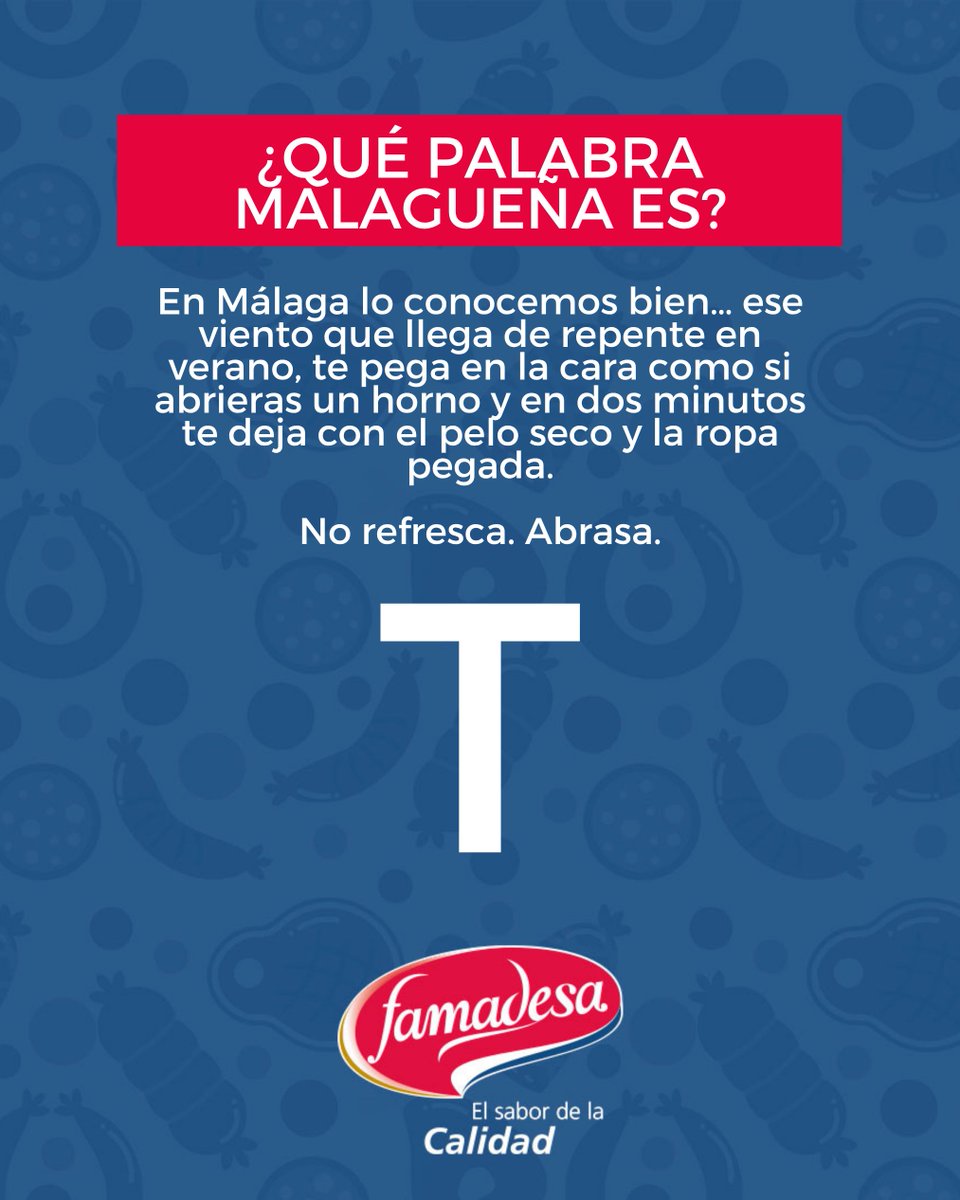 famadesa_'s tweet photo. #AdivinaAdivinanza

En Málaga lo conocemos bien… ese viento que llega de repente en verano, te pega en la cara como si abrieras un horno y en dos minutos te deja con el pelo seco y la ropa pegada.
 Abrasa.

Pista: empieza por "T" 🌬️🔥

¿Lo sabes? Te leo en comentarios 👇 https://t.co/NQMJ8F69UM