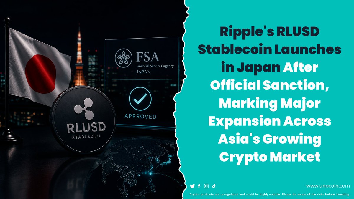 Unocoin's tweet photo. Ripple's RLUSD stablecoin is now approved in Japan.

A major milestone as one of the world's most regulated crypto markets opens the door to RLUSD for institutions and retail users.

🔷 Stablecoin adoption grows
🔷 Expansion across Asia
🔷 Stronger cross-border payment infrastructure

#RLUSD #Ripple #Stablecoins #CryptoNews #Blockchain #Unocoin