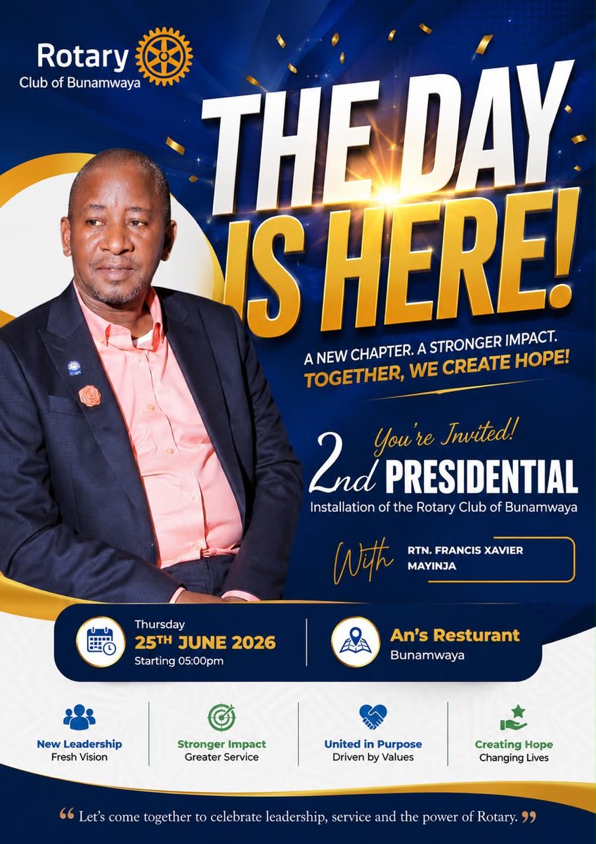 JamesWinston1's tweet photo. The day is finally here! Today, I hand over leadership to Rtn FX Mayinja for another incredible year of impact.

Proud of our milestones and excited for what’s ahead at @RCBunamwaya! @rotaryd9214 ⚙️✨

#ServiceAbove Self #Rotary https://t.co/cIbraI8zLg