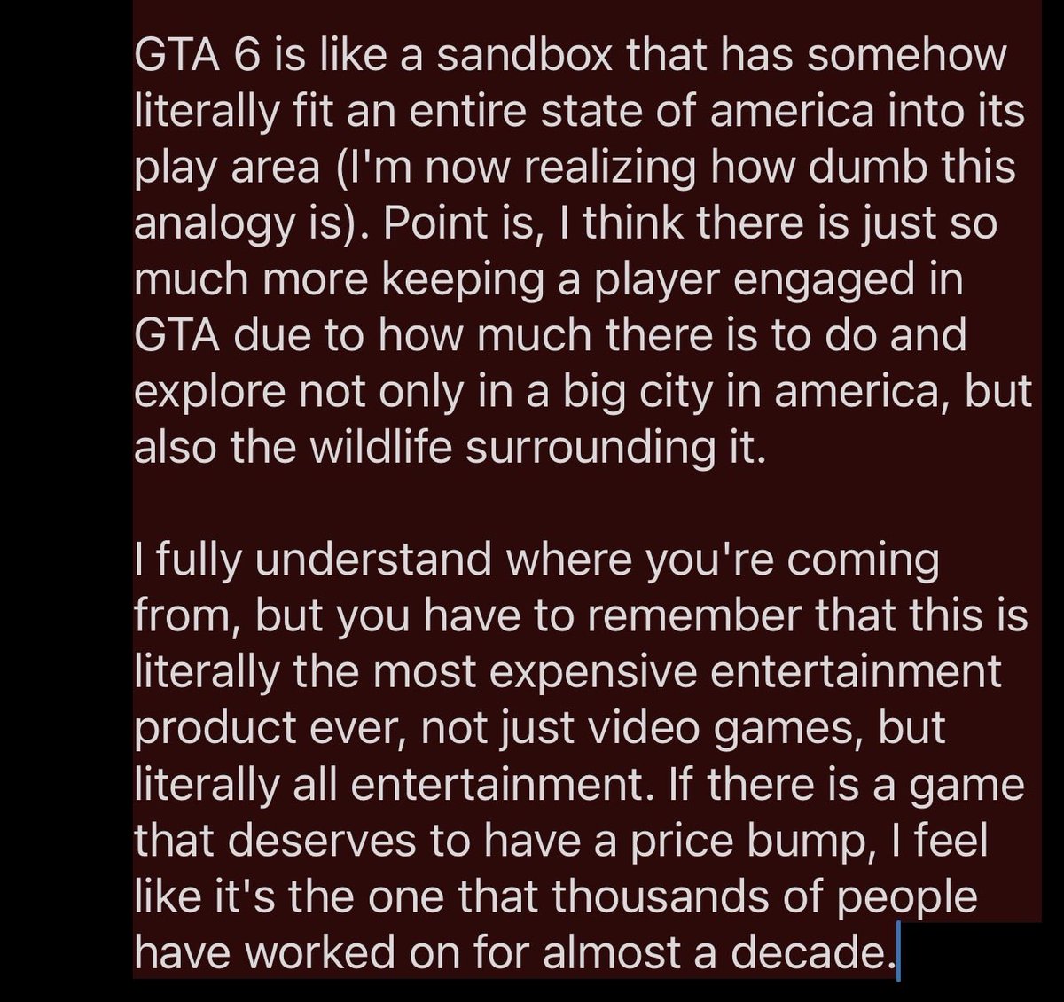 theabstracteon's tweet photo. @SidelineEli @SynthPotato @JoeFromSeattle1 TLDR: I don't think any game is offering what GTA 6 is offering in scope, polish, and variety, but I get what you mean. https://t.co/2wfuiipCSk