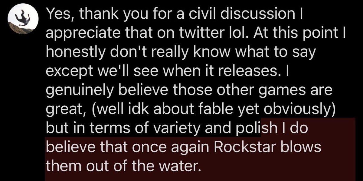 theabstracteon's tweet photo. @SidelineEli @SynthPotato @JoeFromSeattle1 TLDR: I don't think any game is offering what GTA 6 is offering in scope, polish, and variety, but I get what you mean. https://t.co/2wfuiipCSk