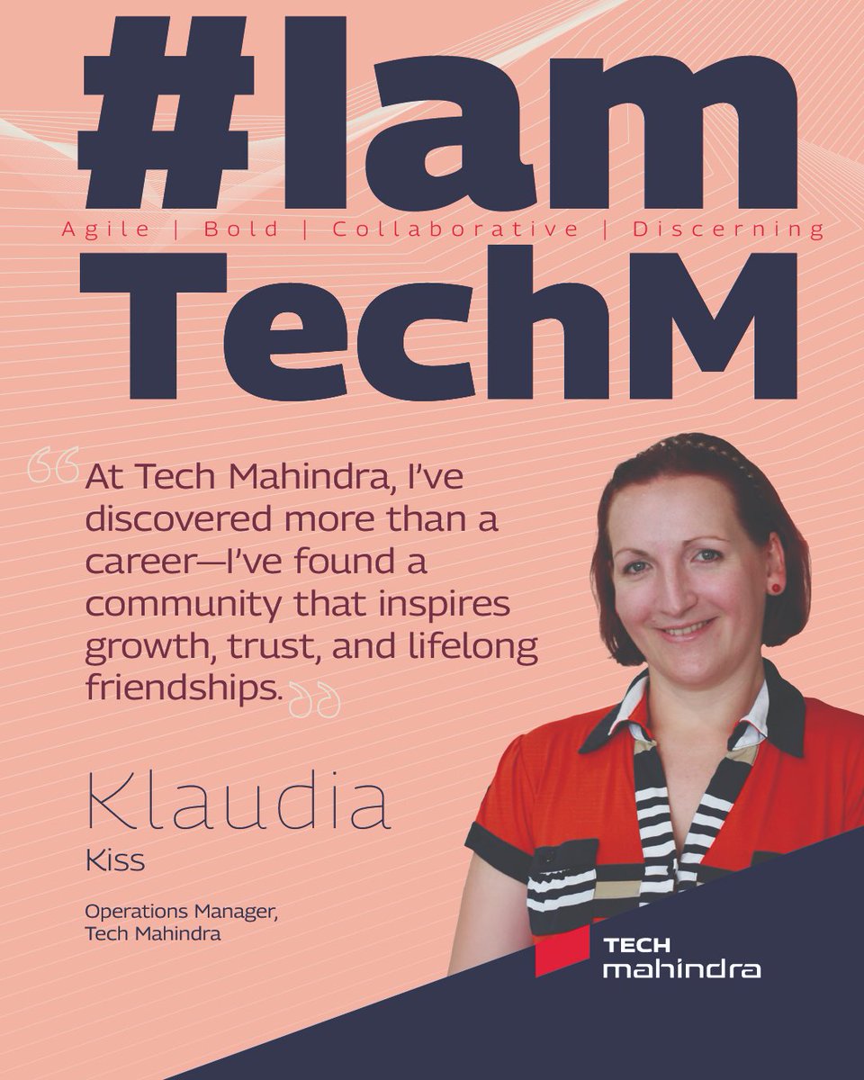tech_mahindra's tweet photo. I am Klaudia, #IamTechM​
"At Tech Mahindra, I’ve discovered more than a career—I’ve found a community that inspires growth, trust, and lifelong friendships."​

Klaudia Kiss joined #TechMahindra 7 years ago and has since embraced challenges that shaped a new perspective on business and management. Beyond professional success, Klaudia values the caring environment and the trust that makes TechM feel like family.​

Passionate about mental health and mindfulness, klaudia is a certified Mental Health professional and Mindfulness coach, bringing positive practices into daily work, like sharing thought cards to boost morale and encourage reflection.​

Outside the office, music is Klaudia’s soul language. As part of a national choir, she performs in Hungary’s iconic MUPA concert hall alongside hundreds of singers and a full symphonic orchestra—a tradition that celebrates harmony and joy every year.​

Build a career like Klaudia’s by exploring our open roles and opportunities: https://t.co/eDNxpzLz9X​

#IAmTechM #ScaleAtSpeed