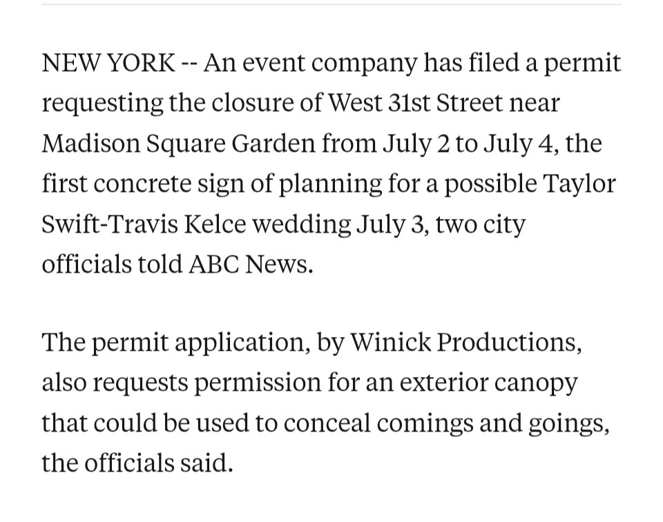 MrJoeMcBob's tweet photo. Shoddy reporting by the New York Times talking about "street closures" has lead people to believe that a potential Taylor and Travis MSG wedding is closing a bunch of streets. It's not. It would be closing one block of one side street. That's it. https://t.co/BHYHdfsuVc