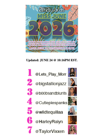 CamGirlBuzz's tweet photo. MISS JUNE 2026 will be crowned TONIGHT at 11:35PM EST!

Final hour to contribute!

Track TOP 20 on https://t.co/3yPYVmFqwy

Contribute market points here: https://t.co/y17u5wBL5h

Models retain all their marketing points each month until they win! https://t.co/EB4tw7GM3c