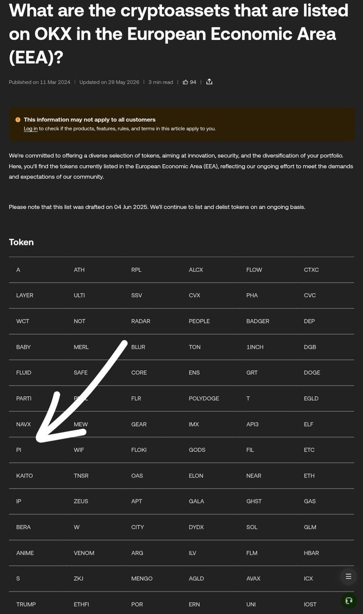 pitown89's tweet photo. 🚨📢 PI OFFICIALLY LISTED ON OKX EUROPE 2025 😃

👉 The official “Cryptoassets listed in the EEA” page of OKX, updated on 29/05/2026, has officially listed PI with two trading pairs: PI-USDC and PI-EUR.

👉 OKX holds a MiCA license the strictest regulatory framework in Europe. Every asset listed must undergo rigorous legal risk assessment.
However, OKX has continuously maintained the listing of PI since early 2025 until now (over 18 months).

🔰 This demonstrates that: 

✅ PI fully meets MiCA’s standards on transparency and compliance.

✅ Pi Network has prepared its legal foundation professionally for many years with a dedicated team of specialized lawyers.

✅ This is clear recognition from a major licensed exchange in Europe.

🚨 Conclusion:

PI is now legally and publicly traded on a MiCA-licensed platform with real liquidity.

Pi Network community can verify directly on OKX’s EEA page. 👇

👉 Link check: https://t.co/RMPb6vNyx4

Repost ♻️ | Comment 💭 | Follow https://t.co/LrYeO6qqbJ  ❤️ | Turn on Notifications 🛎️