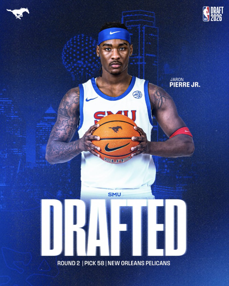SMUBasketball's tweet photo. HE’S HEADED HOME ‼️

With the 58th pick in the NBA Draft, the @PelicansNBA select Jaron Pierre Jr! https://t.co/dWoye7SoFJ