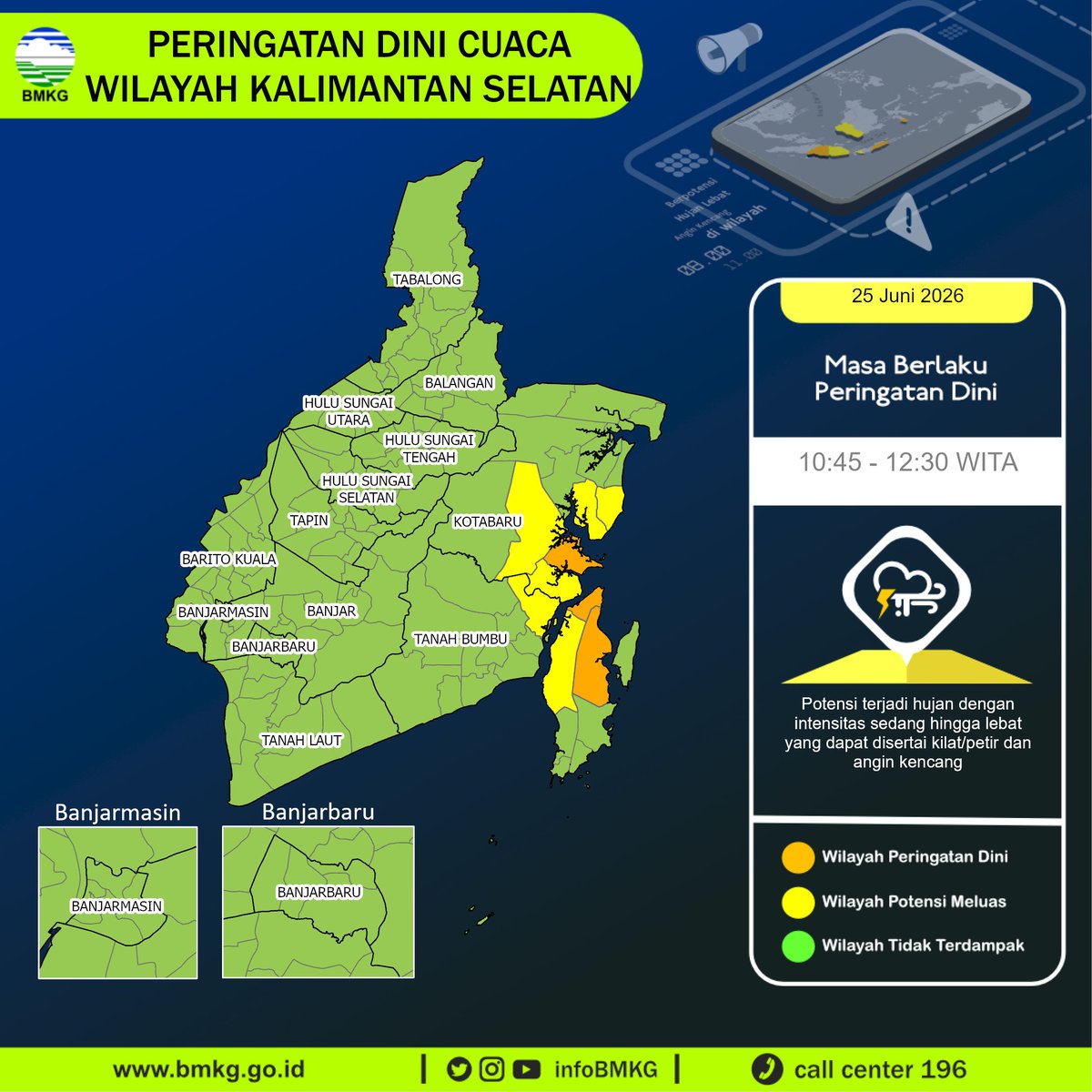 infoBMKG's tweet photo. Update Peringatan Dini Cuaca Wilayah - Kalimantan Selatan Tgl. 25 Juni 2026 pkl. 10:45 WITA
Prakirawan - BMKG - Kalimantan Selatan
https://t.co/TTn8pu1Qpk https://t.co/pt3OB7oXo4