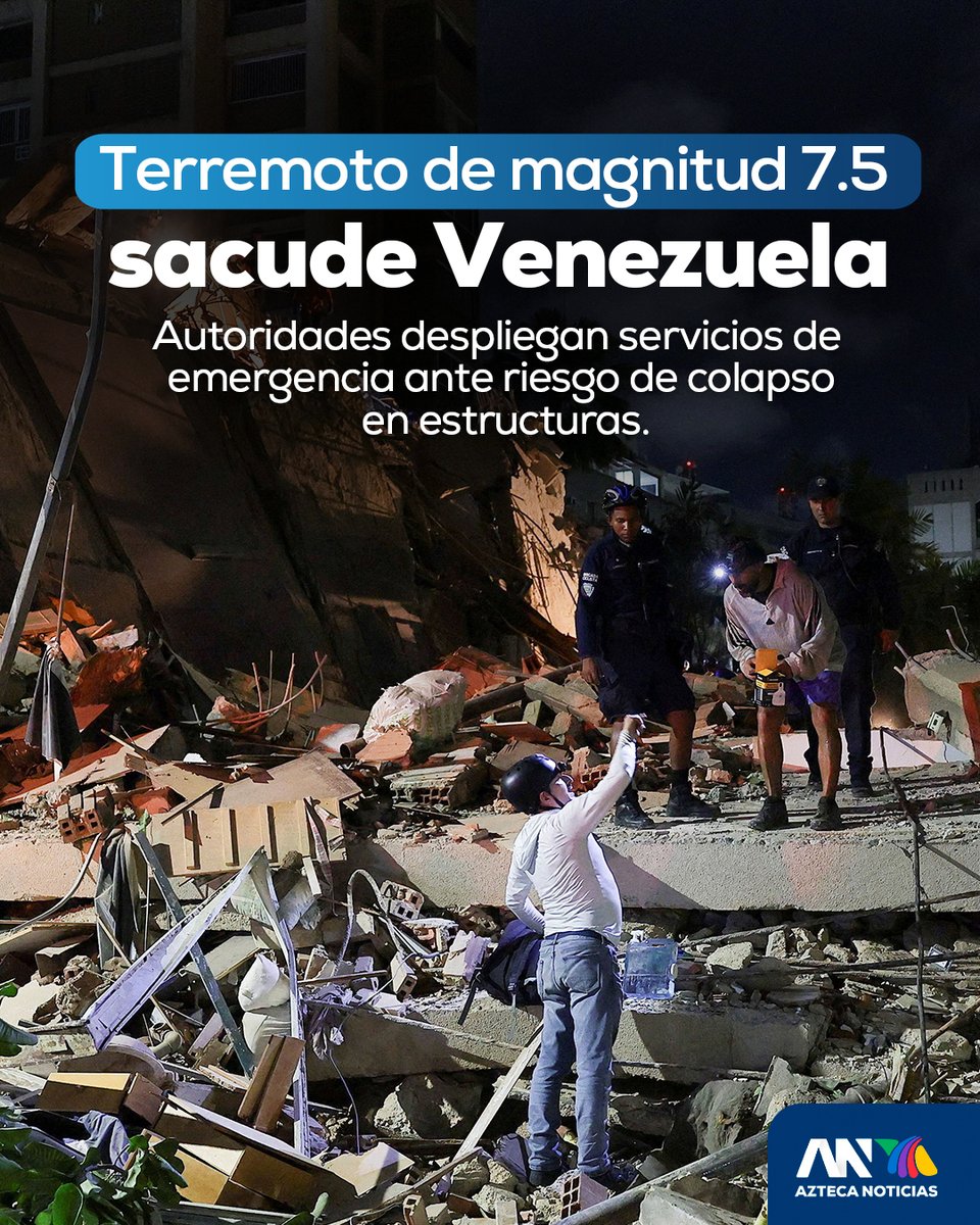 AztecaNoticias's tweet photo. 🚨🇻🇪 Fueron dos potentes sismos en la región norte de #Venezuela con magnitudes preliminares de 7.1 y 7.5, según reportes del Servicio Geológico de Estados Unidos (USGS).⁣
⁣
El impacto se sintió con fuerza en #Caracas y la zona central del país. 

Autoridades se encuentran evaluando los daños y monitoreando posibles réplicas.⁣
⁣
#Venezuela #Sismo #Terremoto #Caracas

Lee más: https://t.co/EPCNlHFIAG