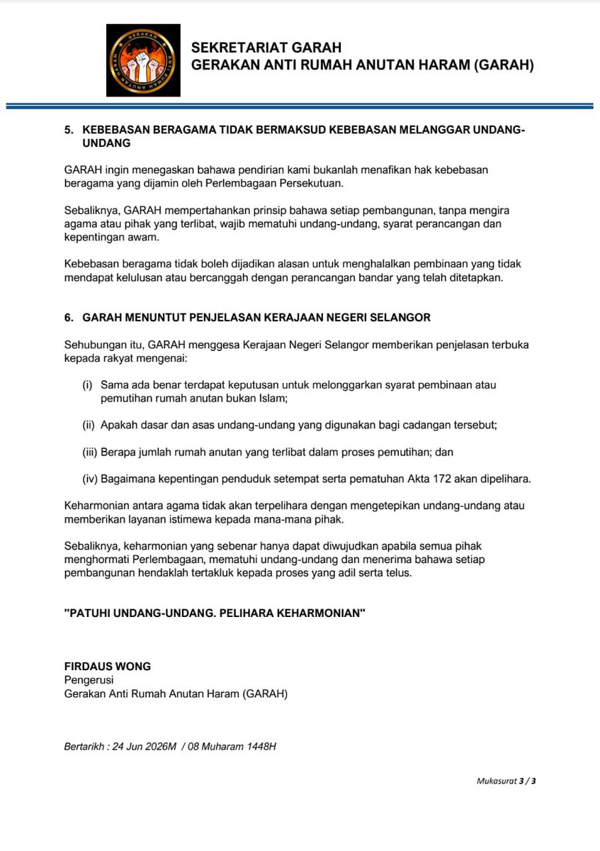FirdausWong's tweet photo. KENYATAAN MEDIA GARAH 
(Untuk Siaran Segera)

GARAH gesa kerajaan Selangor berikan penjelasan dakwaan kelonggaran rumah ibadat bukan Islam 

@bernamadotcom @501Awani @SinarOnline @staronline @mkini_bm @mkinibm @fmtoday @MalaysiaGazette @TvPertiwi @UMonline @NST_Online @bharianmy https://t.co/yMC2BLbaUO
