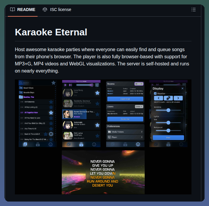 tom_doerr's tweet photo. Self-hosted karaoke party system with no telemetry

https://t.co/Smde7Gr87v https://t.co/ZilXJmwewz