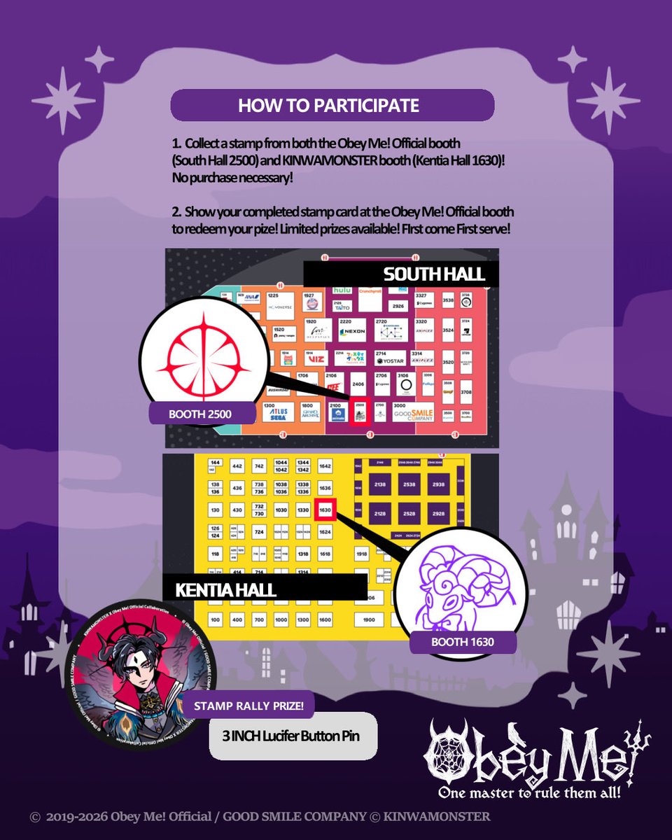 kinwamonster's tweet photo. Visit both booths to obtain a stamp! No purchase necessary! Redeem at the Obey Me! Official Booth (South Hall 2500) and get a prize! Limited prizes available and first come, first serve!

Make sure to wishlist the upcoming game!! @ObeyMeSC_EN https://t.co/MXR3ApQrCu
