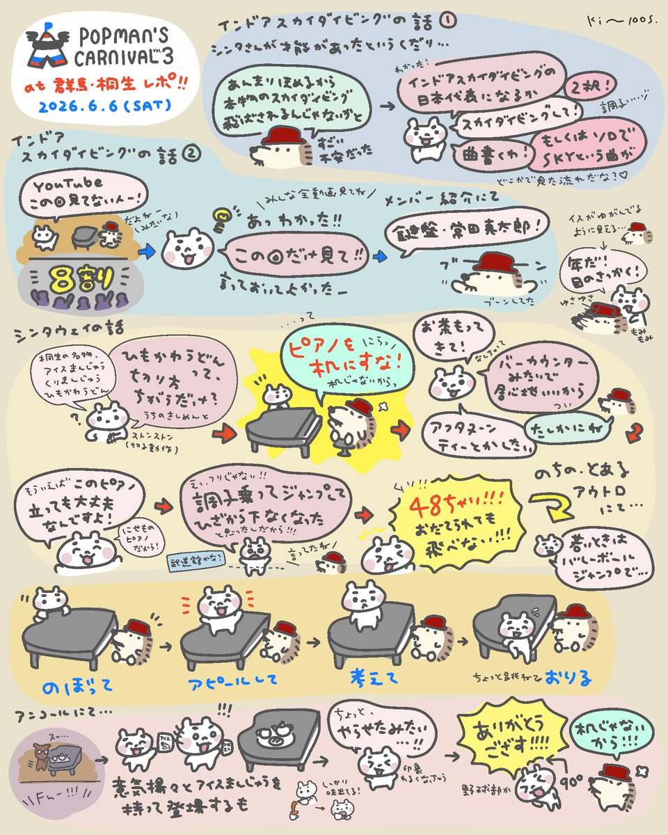kinupos's tweet photo. スキマスイッチ TOUR 2026
“POPMAN’S CARNIVAL vol.3”

6/6 群馬・桐生公演の
MCレポイラストを描きました🎪✏️✨
盛り盛り！

シンタウェイを中心に
爆笑MCが繰り広げられた回でした🎹🫖

うっかりバレーボールジャンプしなくて安心した🫶🏻
まだまだ旅は続くからね🏃🏻‍♂️🏃🏻‍♂️

#スキマスイッチ
#スキマMCレポ https://t.co/LJs7rCbQ34