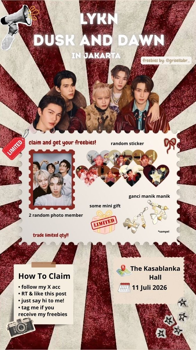 grisellabr_'s tweet photo. ✧⁠*⁠。FREEBIES LYKN DUSK &amp; DAWN IN JAKARTA✧⁠*⁠。
freebies by @grisellabr_

📍The Kasablanka Hall 
📅11 Juli 2026
 Trade = limited slot

find me at venue and say hi!

#LYKNDuskAndDawnxJakarta 
#LYKN https://t.co/lKlG2FsSUn