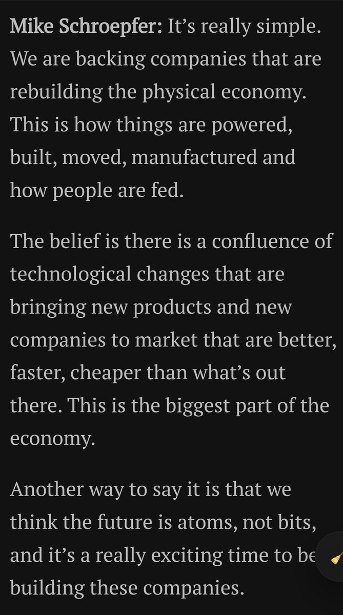 svembu's tweet photo. Must read Crunchbase interview with ex-Meta CTO and now VC, Mike Schroepfer (link in comment):

"We are backing companies that are rebuilding the physical economy. This is how things are powered, built, moved, manufactured and how people are fed."

"we think the future is atoms, not bits"

I agree with him. Bits are important but atoms are equally important. The future is bits and atoms made to play together. That is where a lot of innovation is coming. 

Zoho is investing in R&D driven manufacturing with this same thesis.