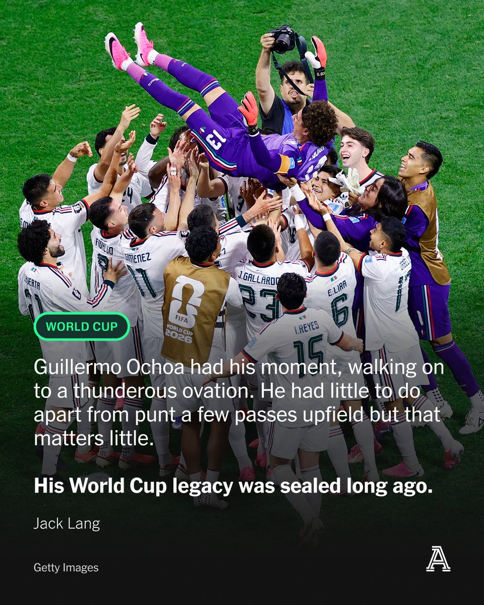 TheAthleticFC's tweet photo. Guillermo Ochoa wasn't even supposed to be at the 2026 World Cup.

An injury to Luis Angel Malagon created space in the squad and the potential for a fairytale goodbye.

Ochoa had his moment. At his sixth World Cup — he has been in six Mexico squads and played in four tournaments — he was brought on to a thunderous ovation.

A symbolic rather than a tactical substitution, but you won't find anyone who could begrudge a true World Cup icon.

📝 @jacklang 

https://t.co/puNHqCf0KN