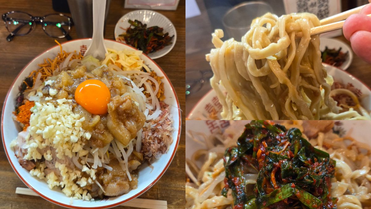 KurichiSana's tweet photo. 男気らーめんアカギ@桐生市

◇復活　まぜそば　ゼンマシ　1150円
◇ニラキムチ　100円

今でも思い出す旧店舗のまぜそばの日。PP待機3時間半からの土手上大行列まさに伝説の日。
見比べると大分違う。
汁なしと脂そばの良いとこ採りのジャンクな一杯。
お酢やブラックペッパーでの味変も美味
でした😋 https://t.co/lODRPyvwh9