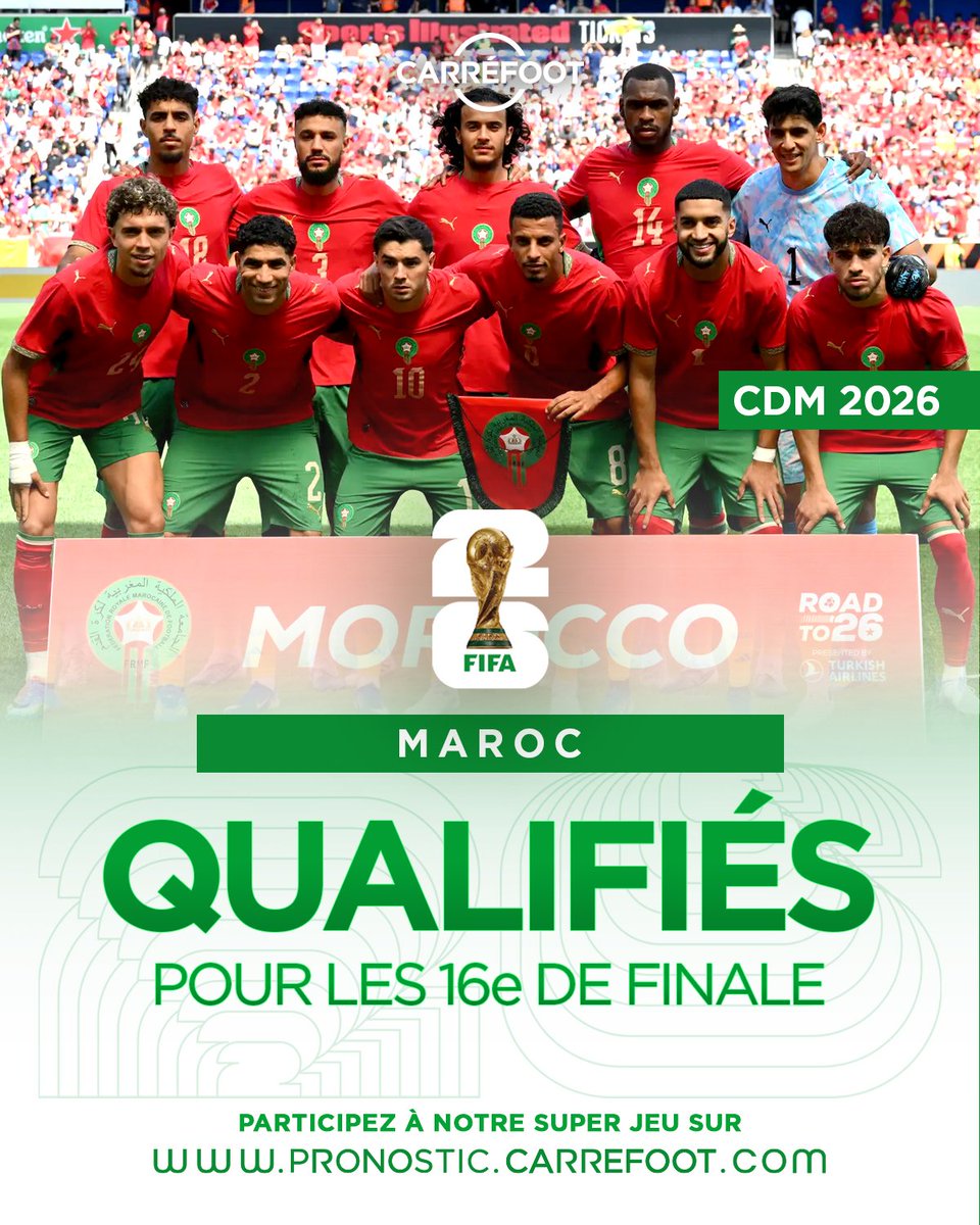 Carre_foot's tweet photo. 𝘿𝙄𝙈𝘼 𝙈𝘼𝙂𝙃𝙍𝙄𝙄𝙄𝙄𝙄𝘽 🇲🇦 !!! Le MAROC 🇲🇦 a été la première nation africaine à valider son ticket pour les 𝟭𝟲𝗲 𝗱𝗲 𝗳𝗶𝗻𝗮𝗹𝗲 𝗱𝗲 𝗹𝗮 𝗖𝗼𝘂𝗽𝗲 𝗱𝘂 𝗠𝗼𝗻𝗱𝗲 𝟮𝟬𝟮𝟲 !
#maroc #DimaMaghrib #LionsDeLAtlas #CoupeDuMonde2026 #Mondial2026 #Carrefoot https://t.co/KPdfKPF8MX
