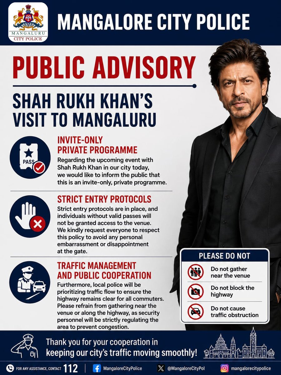 compolmlr's tweet photo. 🚨 Public Advisory 🚨
Shah Rukh Khan's visit to Mangaluru. https://t.co/aJJLAbNovF