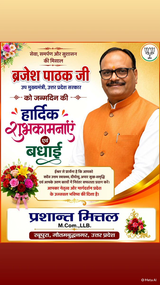 PrashantMi34934's tweet photo. उत्तर प्रदेश के उपमुख्यमंत्री श्री बृजेश पाठक जी को जन्मदिवस की हार्दिक बधाई एवं शुभकामनाएं।
ईश्वर से आपके उत्तम स्वास्थ्य, दीर्घायु एवं यशस्वी जीवन की कामना करता हूँ। जनसेवा के क्षेत्र में आपका योगदान निरंतर प्रेरणादायी बना रहे।
@brajeshpathakup https://t.co/77IT8ooacQ