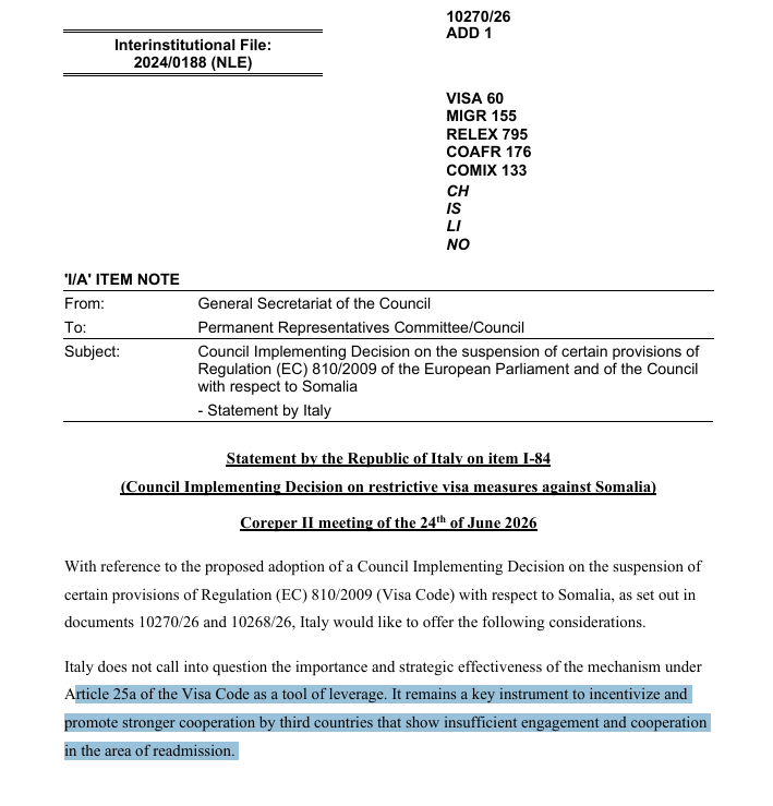 GuledWiliq's tweet photo. 🚨1/4 The EU is preparing visa sanctions against Somalia for "insufficient cooperation on readmission"-not because of Somalia's constitutional crisis. Frmr President Hassan Sheikh's 4yr mandate ended on 15 May, yet the EU chose deportation policy, not governance, as its leverage https://t.co/PnYDR70tnn