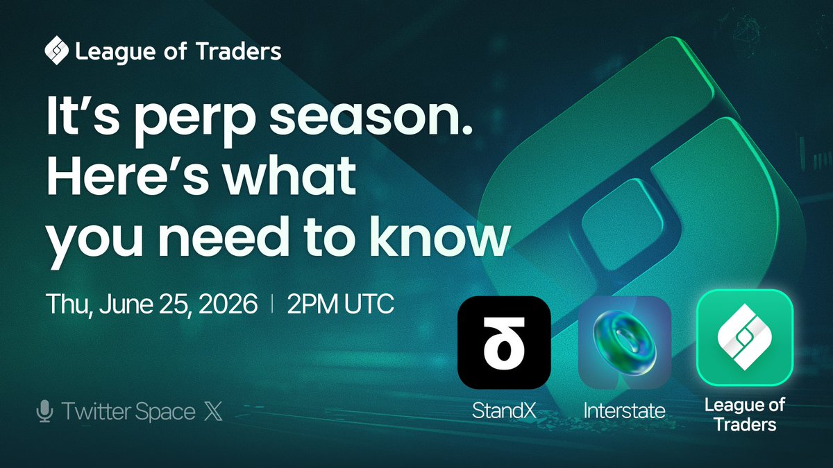 leagueoftraders's tweet photo. It's perp season.

Join us in our next Space to discuss what's driving the market and what traders should watch next.

🗣️ Panel: @StandX_Official  | @interstatefdn 
🎙️ Hosted by @RikwijkV & @leagueoftraders
📅 Thu, June 25, 2026 | 2 PM UTC
🔔 Join us: https://t.co/xVLr8tcE5U

🎁 We’ll also be doing a LIVE giveaway during the Space — tune in, like & RT this post for a chance to win.