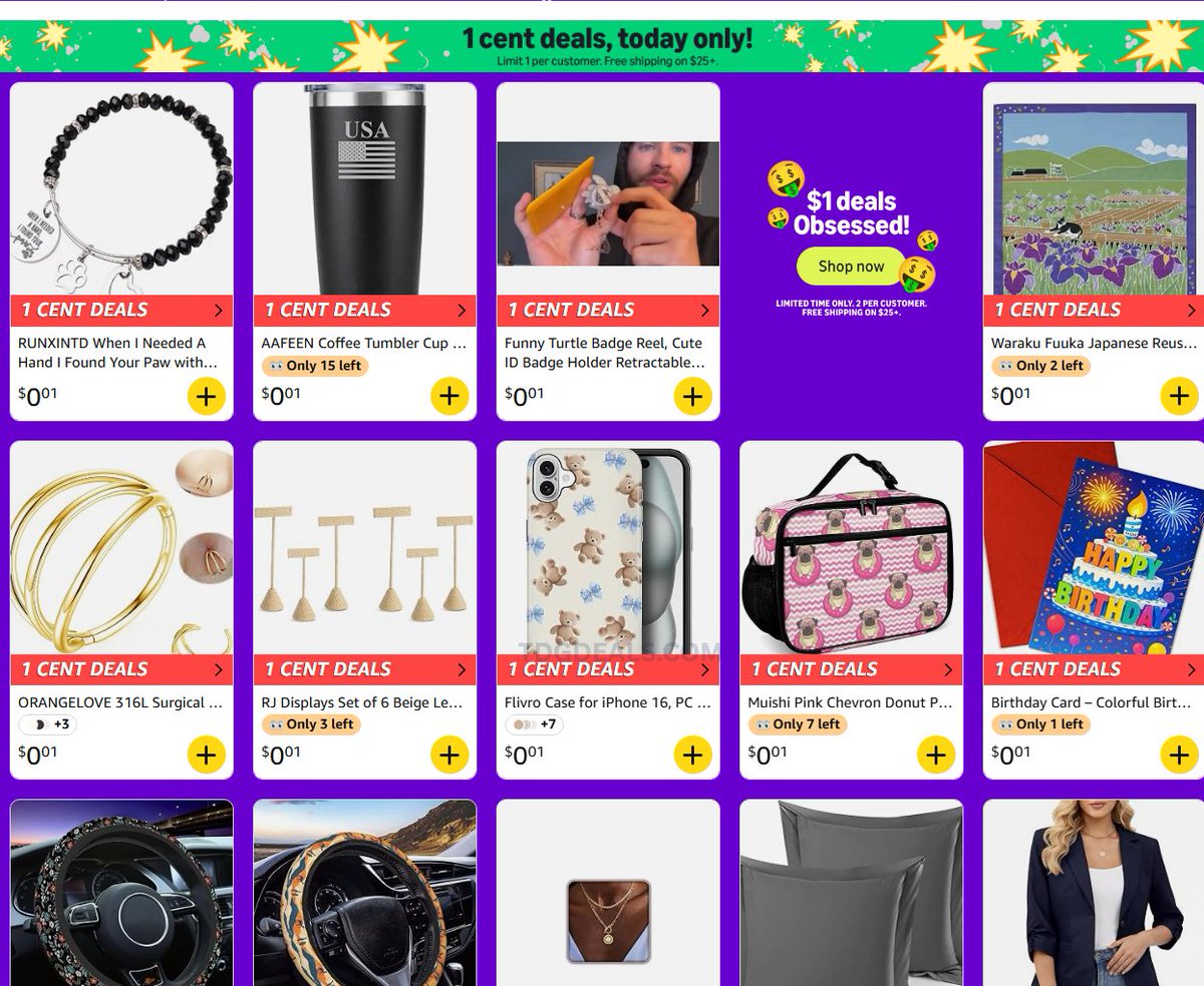 primedropper's tweet photo. AMAZON 1 CENT DEALS 👀

Amazon has select items showing for just $0.01 today only.

Seeing random finds like accessories, cups, phone cases, cards, home items, and more.

Limit 1 per customer and free shipping shows on $25+.

🔗 https://t.co/JaTVB8F5oq

#ad https://t.co/GQh1KYodRK