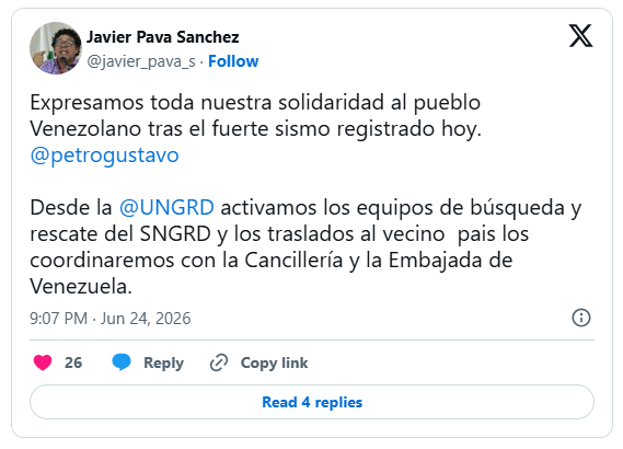 gsasoficial's tweet photo. 🇻🇪🇨🇴 | Colombia anunció el envío de equipos de búsqueda y rescate a Venezuela tras los terremotos registrados. Javier Pava, director de Gestión del Riesgo, informó que coordinarán el traslado del personal especializado con la Cancillería y la Embajada venezolana. https://t.co/37DgZeelgb