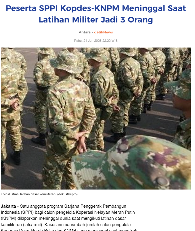 AndhyFerry's tweet photo. 🚨JUST IN : Tragedi kembali terjadi di program SPPI Kopdes KNPM.

Innalillahi wa innailaihi rojiun.

Peserta bernama Novia Rahmadhani Sihotang menjadi korban meninggal ketiga saat menjalani latihan dasar militer.

Mengalami masalah kesehatan saat latihan pada Senin (22 Juni 2026) di Satdik Pusbahasa Kodiklatau, Jakarta.  

Berdasarkan pemeriksaan medis, kondisinya berkaitan dengan penyakit Tuberkulosis (TBC). 

Dia langsung dibawa ke Rumah Sakit Angkatan Udara Dr. Esnawan Antariksa, tapi tidak tertolong.

Sebelumnya, dua peserta lain juga meninggal dunia:
->Anisa Muyassaroh (heat stroke)
->Yonanda Muhammad Taufiq (henti jantung)

Kementerian Pertahanan menyatakan sudah melakukan pemeriksaan kesehatan sebelum latihan dan saat ini sedang mengevaluasi sistem latihannya demi keselamatan peserta.

Semoga keluarga yang ditinggalkan diberi kekuatan dan ketabahan.

#SPPI #KNPM #LatihanMiliter